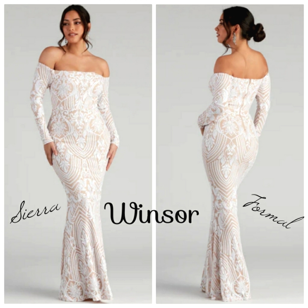 Windsor Off Shoulder White/Tan Sierra Mesh Sequined Longsleeve Bridal/Gala Gown